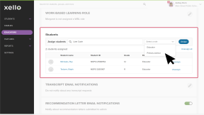 An educator profile in Xello. The Students section is highlighted. The Select a role dropdown is open and the cursor is selecting Primary advisor.